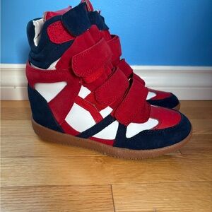Isabel Marant Red, Blue, and White Wedge Sneakers
